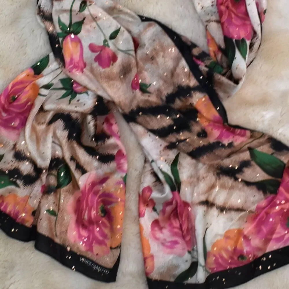 Vince Camuto Floral Animal Print Sparkly Sheer Scarf Wrap Pink Black Beige